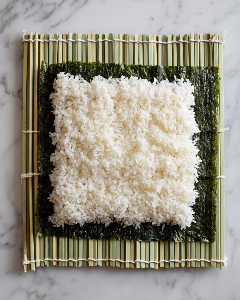 The image shows a flat layer of white sushi rice evenly spread in a square shape over a dark green seaweed sheet, which rests on a light green bamboo sushi rolling mat. The rice layer covers almost the entire seaweed sheet, with a bit of the seaweed visible around the edges. The bamboo mat has white strings tying the green sticks together, and the whole setup is placed on a white marbled surface. Photo taken with an iphone --ar 4:5 --v 7