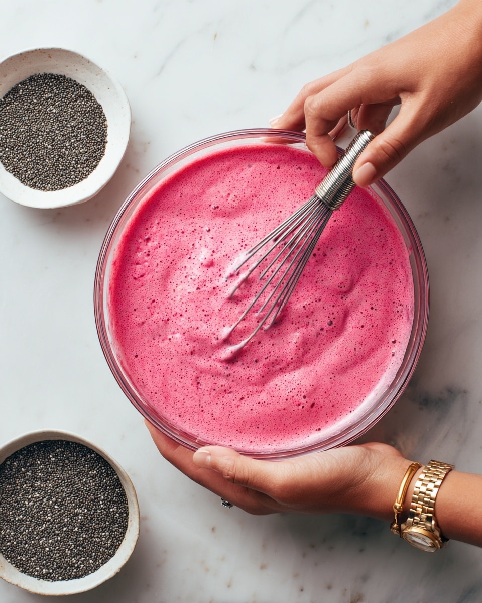 A clear glass bowl holds a frothy, bright pink mixture with small textured bits spread evenly throughout, being stirred by a woman's hand using a silver whisk, while the other woman's hand steadies the bowl from the side, wearing a gold watch. Nearby, a white bowl filled with small dark chia seeds sits on a white marbled surface. The scene is bright and clean, emphasizing the vibrant pink color and smooth texture of the mixture. photo taken with an iphone --ar 4:5 --v 7
