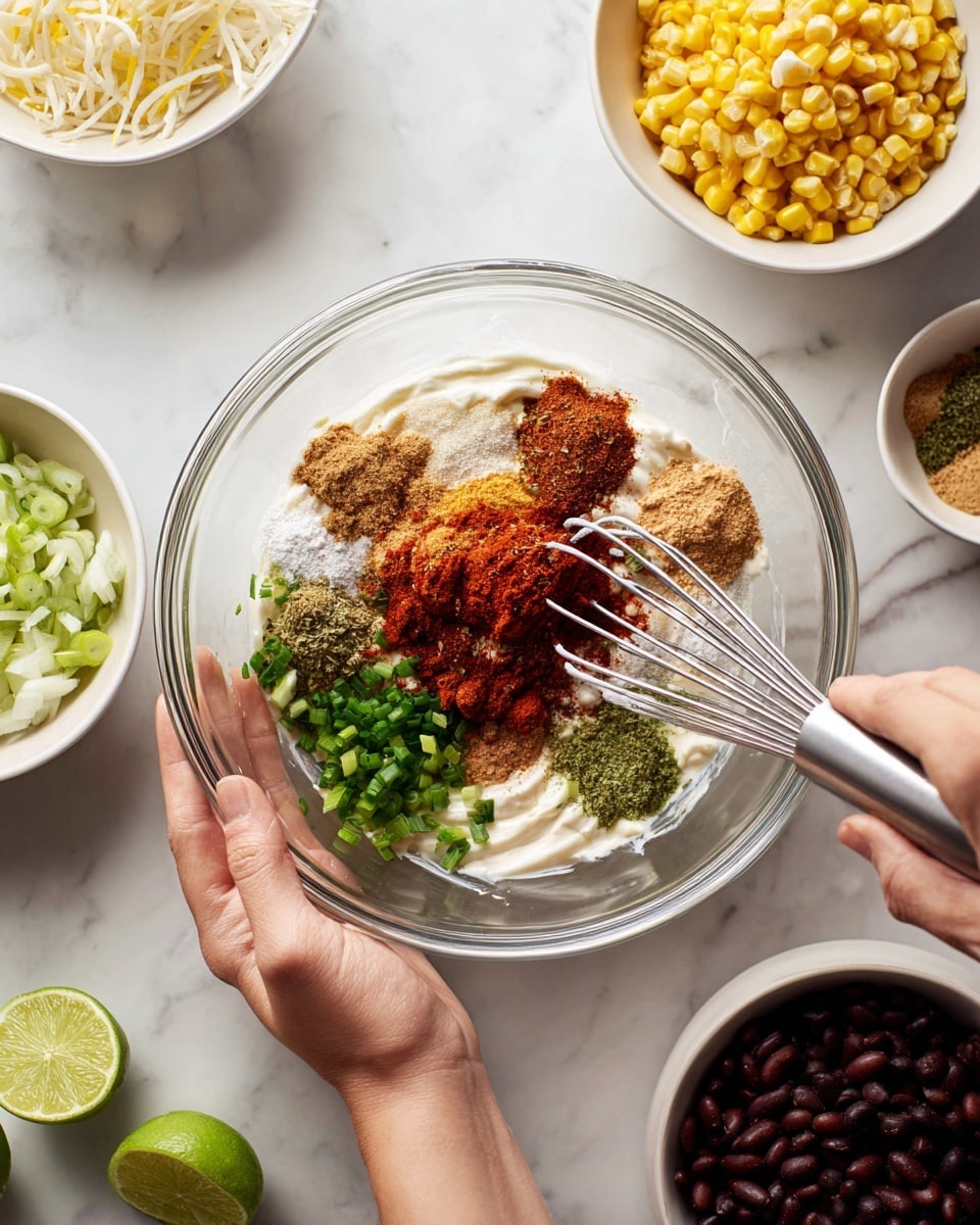 A clear glass bowl in the center holds several layers of ingredients: a white creamy layer, a dollop of off-white thick sauce, and on top finely layered dry spices in colors of red, green, light brown, and beige arranged in small mounds. A woman's hand is holding the bowl from the left side while another woman's hand is whisking the mixture with a silver whisk from the right side. Surrounding the bowl on a white marbled surface, there are white bowls filled with shredded white chicken, dark brown beans, bright yellow corn, chopped red bell peppers, and finely sliced green onions. Two lime halves with bright green skin and light green inside rest near the lower left corner. Photo taken with an iphone --ar 4:5 --v 7