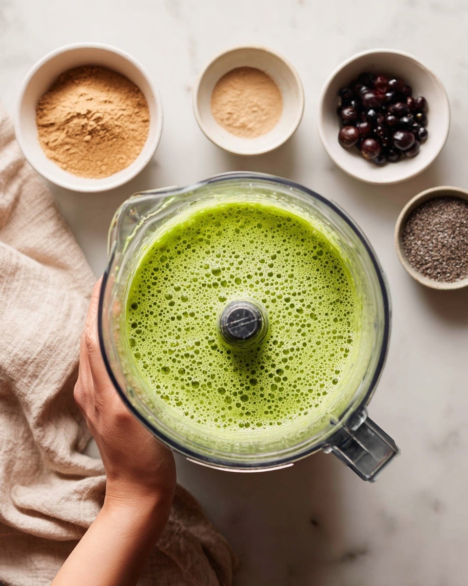 A clear blender container filled with bright green liquid that has small bubbles on the surface, showing the spinning blades at the center. A woman's hand is holding the blender container from the side and the bottom. Around the blender, on a white marbled surface, there are three small white bowls: one bowl contains light brown powder, another has small dark round berries, and the last one holds dark chia seeds. A light beige cloth is partially visible in the background. photo taken with an iphone --ar 4:5 --v 7