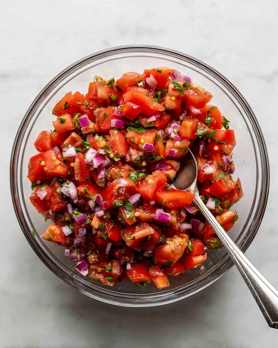A clear glass bowl filled with a fresh mix of chopped red tomatoes, small pieces of purple onion, and green herbs. The tomatoes are the main layer, bright and juicy with a rich red color. Scattered on top and throughout the tomatoes are finely diced purple onions and small bits of fresh green herbs, adding color contrast and texture. A silver spoon rests inside the bowl, digging into the mixture. The bowl sits on a white marbled surface, bright and clean, highlighting the vivid colors of the salsa. Photo taken with an iphone --ar 4:5 --v 7