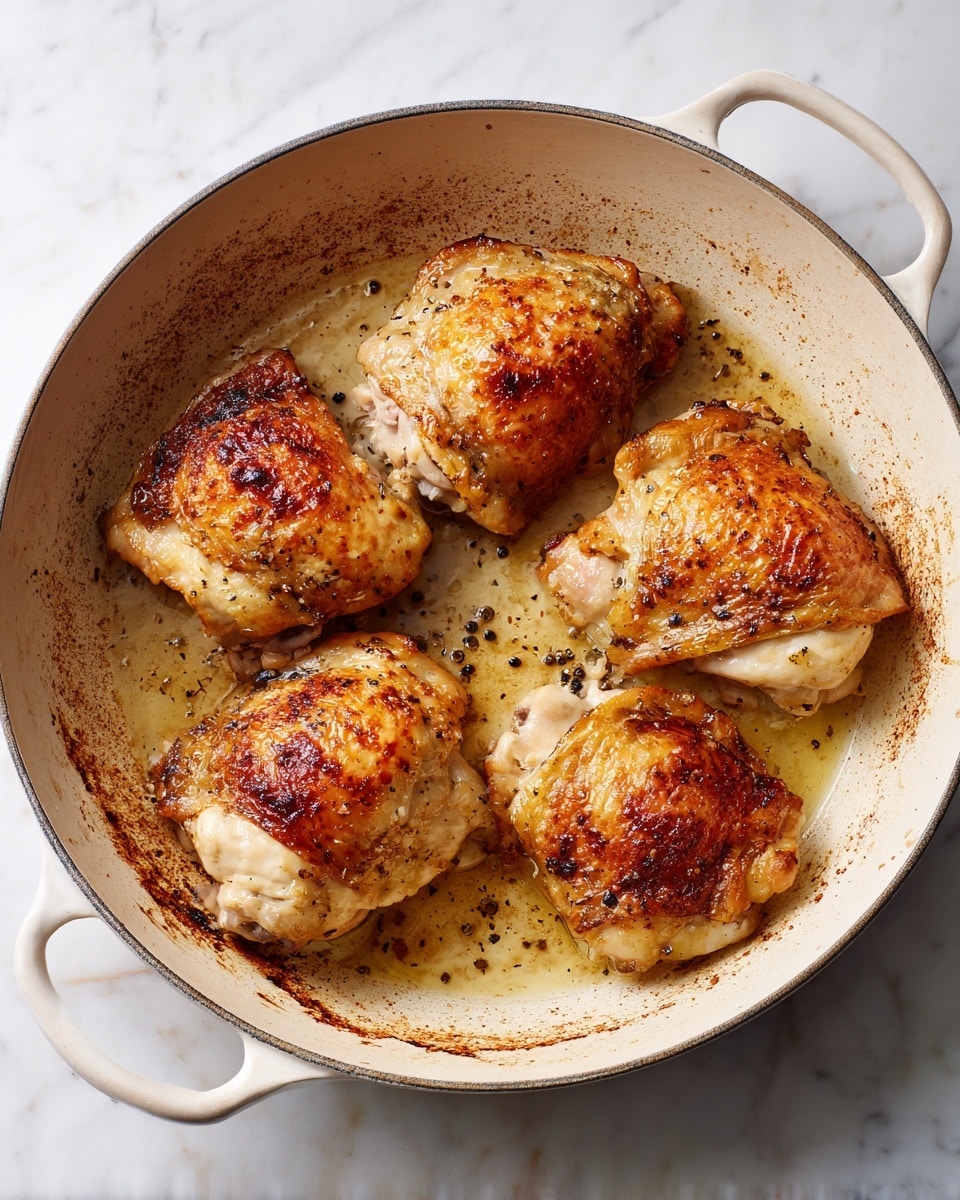 A white cast iron pan contains four cooked pieces of chicken with golden brown and slightly crispy skin, showing different shades of brown and white. The chicken pieces are arranged evenly in the pan, which has browned oil and small black pepper specks visible around them. The pan's inside is light cream with some brown cooking marks, and the pan sits on a white marbled surface. photo taken with an iphone --ar 4:5 --v 7