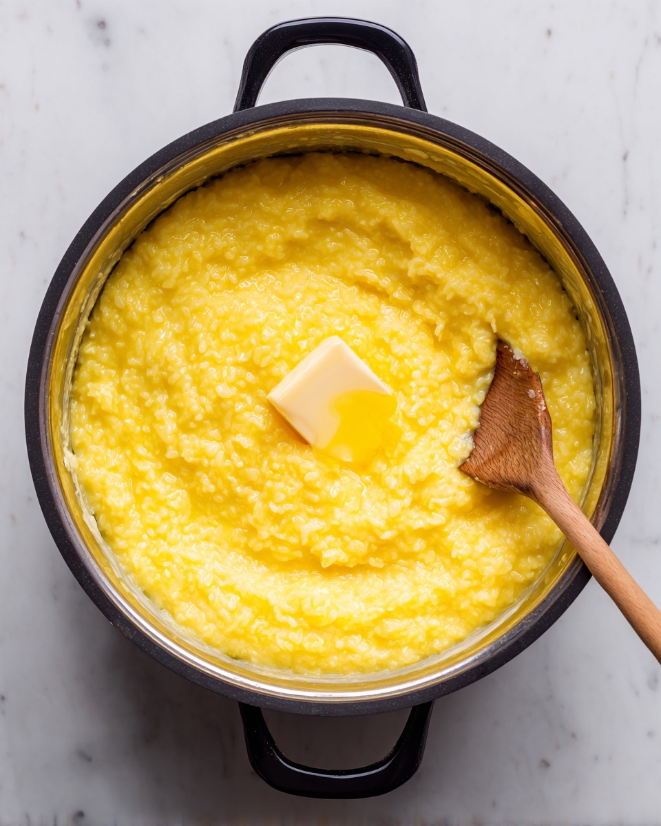 A close-up view from above shows a cooking pot with a black outer frame and a shiny silver inner pot containing a thick yellow rice dish. The yellow rice fills the pot and has a soft, creamy texture with a small block of yellow butter melting on top near the center. A wooden spoon with a light brown handle rests inside the pot on the right side, slightly submerged in the rice. The pot is placed on a smooth white marbled surface. Photo taken with an iphone --ar 4:5 --v 7