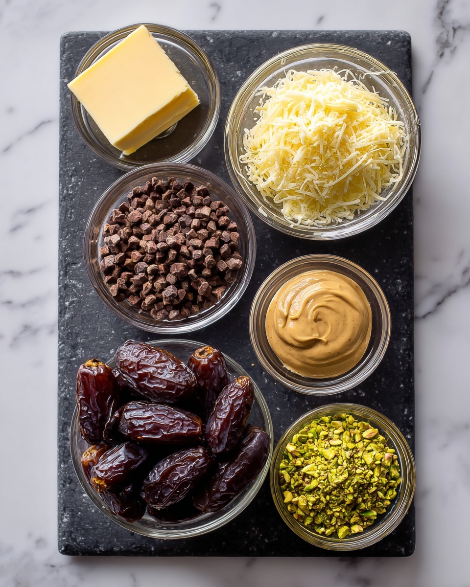 The image shows a dark-colored cutting board placed on a white marbled texture. On the board, there are six small clear glass bowls arranged neatly. The largest bowl in the center bottom holds shiny, dark brown dates with a smooth texture. To its left, a small bowl contains a square piece of yellow butter. Above the butter, another bowl is filled with finely shredded pale yellow cheese with a light and fluffy texture. To the right of the dates, a small bowl holds creamy, light brown tahini paste, and above it, another bowl contains smooth, golden brown mustard. Top center is a bowl full of medium-sized brown chocolate chips with a matte finish. The smallest bowl at the top right contains crushed, light green pistachios. The overall setting is clean and well-organized. photo taken with an iphone --ar 4:5 --v 7