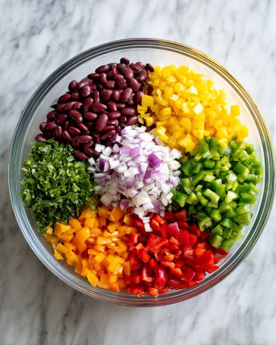 A clear glass bowl sits on a white marbled surface filled with seven separate layers of ingredients arranged in a circle. Starting from the top left, there are dark red beans, followed by bright yellow diced bell peppers, vibrant green diced peppers, red diced peppers, orange diced bell peppers, minced white garlic, and finely chopped purple onions placed in the center on top, creating a colorful and fresh mix. Each ingredient is clearly visible with its own texture and color, showing a clean and well-organized presentation. photo taken with an iphone --ar 4:5 --v 7