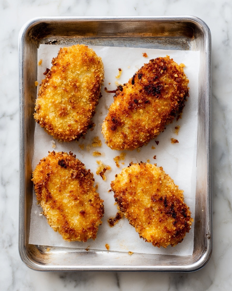 Four crispy golden-brown breaded pieces are arranged on a silver metal baking tray lined with white parchment paper. Each piece has a slightly uneven oval shape with crunchy, textured coatings showing small crumb bits and a few darker browned spots. The baking tray shows signs of light use with some small dark stains and slight discoloration. The scene is set on a white marbled surface that provides a smooth, clean contrast to the warm tones of the breaded pieces. photo taken with an iphone --ar 4:5 --v 7