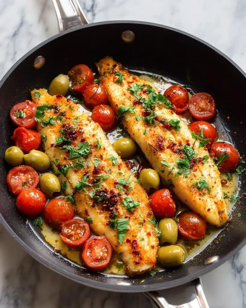 Poached Sea Bass with Tomatoes, Olives, and Parsley Recipe