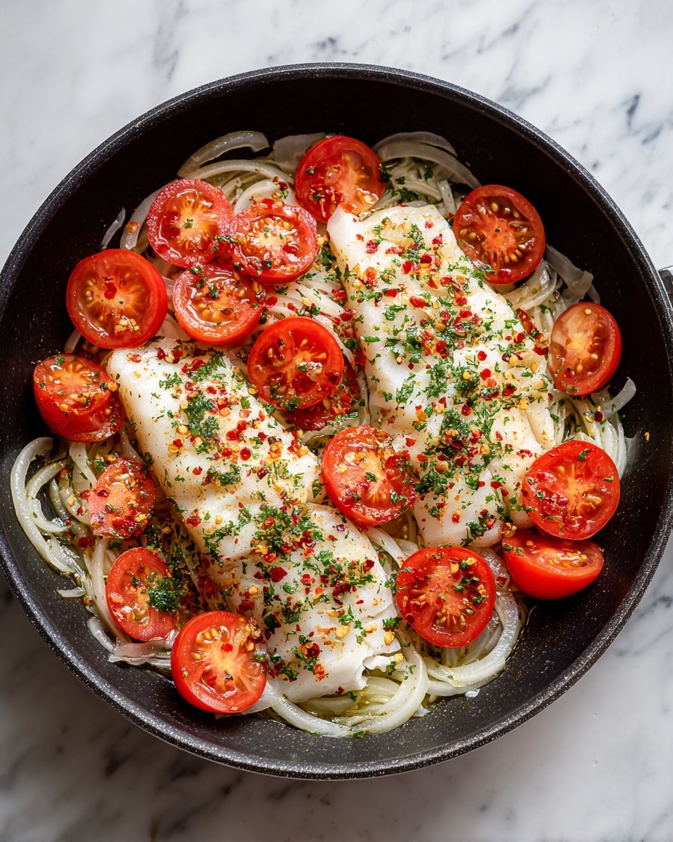 In a black pan on a white marbled surface, two white fish fillets lie flat on a bed of thin white onion slices, seasoned with red chili flakes and some black pepper. On top of and around the fish are many bright red tomato slices, also sprinkled with red chili flakes. The layers start with the thin onion at the bottom, then the smooth white fish fillets, and the round tomato slices on top, all covered with the specks of red chili. The mix of white, red, and black colors creates a fresh and spicy look. Photo taken with an iphone --ar 4:5 --v 7