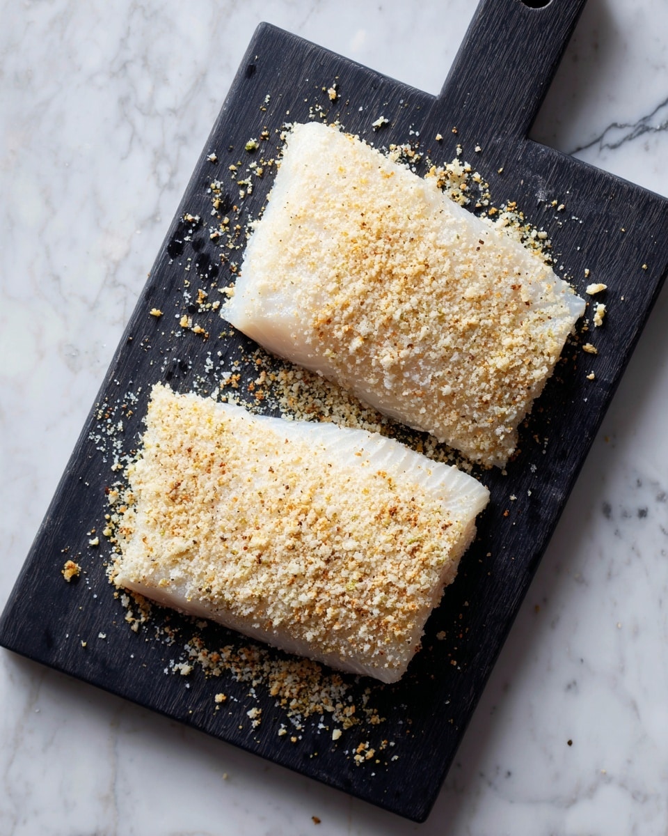 The image shows two pieces of fish fillets placed on a dark cutting board with a handle, resting on a white marbled surface. Each fillet is covered evenly with a light-colored crumbly seasoning that looks like a mix of bread crumbs and spices, giving a rough texture on top. The fillets are pale white with a slightly translucent quality under the crumb coating. The dark cutting board contrasts with the light fish and seasoning, and some crumbs are scattered around the fillets, adding to the rough, textured look. The photo taken with an iphone --ar 4:5 --v 7