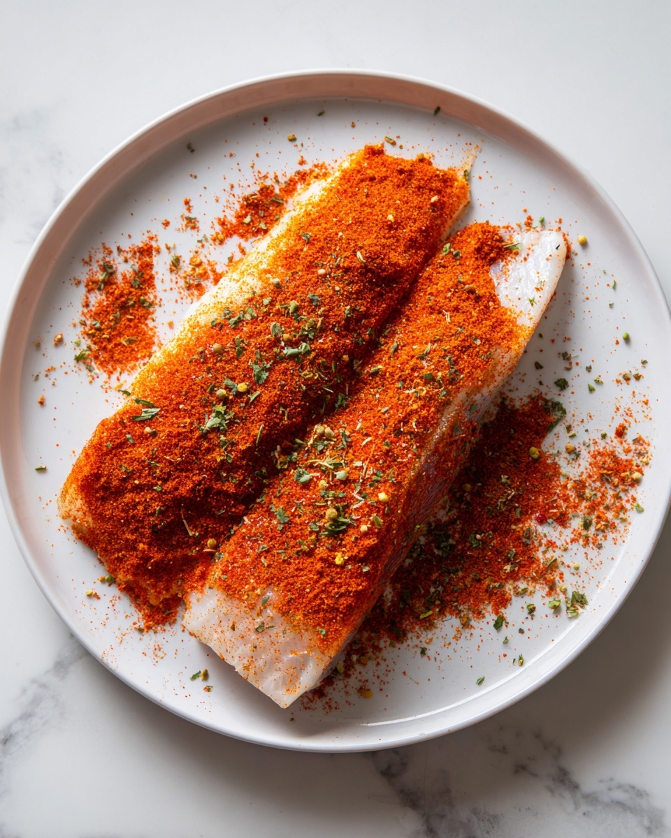 A white plate on a white marbled texture holds two large raw fish fillets next to each other. Each fillet is covered with a thick layer of orange-red spice powder that is evenly spread across the top, with some spice scattered around the edges of the plate. The fish flesh underneath is pale and slightly glossy, visible only in small patches where the spice is thinner. The texture of the spice looks grainy with tiny flecks of herbs mixed in. Photo taken with an iphone --ar 4:5 --v 7