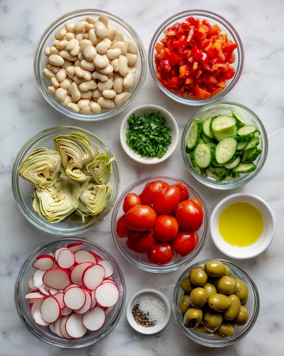 The image shows nine clear glass bowls and one small white bowl arranged on a white marbled surface, each filled with different fresh ingredients. Starting from the top left, a large bowl holds pale beige beans with a smooth texture. To the right, a smaller bowl contains finely chopped bright red bell peppers. Below that, a medium bowl is full of sliced green cucumbers with a shiny skin. In the center, a bowl features halved ripe cherry tomatoes with a rich red color and juicy interior. To the left of this, a larger bowl contains light green artichoke hearts with a soft texture. Below them, a bowl is filled with thin, crescent-shaped white and red radish slices. Next to the radishes, a bowl holds green olives, some whole and some sliced, showing light brown pits. Near the center right, a small white bowl is full of finely chopped bright green parsley. Above this, a tiny clear bowl has a light yellow liquid that looks like vinegar or lemon juice. Beside it, another small bowl has golden yellow olive oil, and next to that, a small bowl contains salt and black pepper. The arrangement looks neat and colorful, perfect for a fresh salad photo taken with an iphone --ar 4:5 --v 7