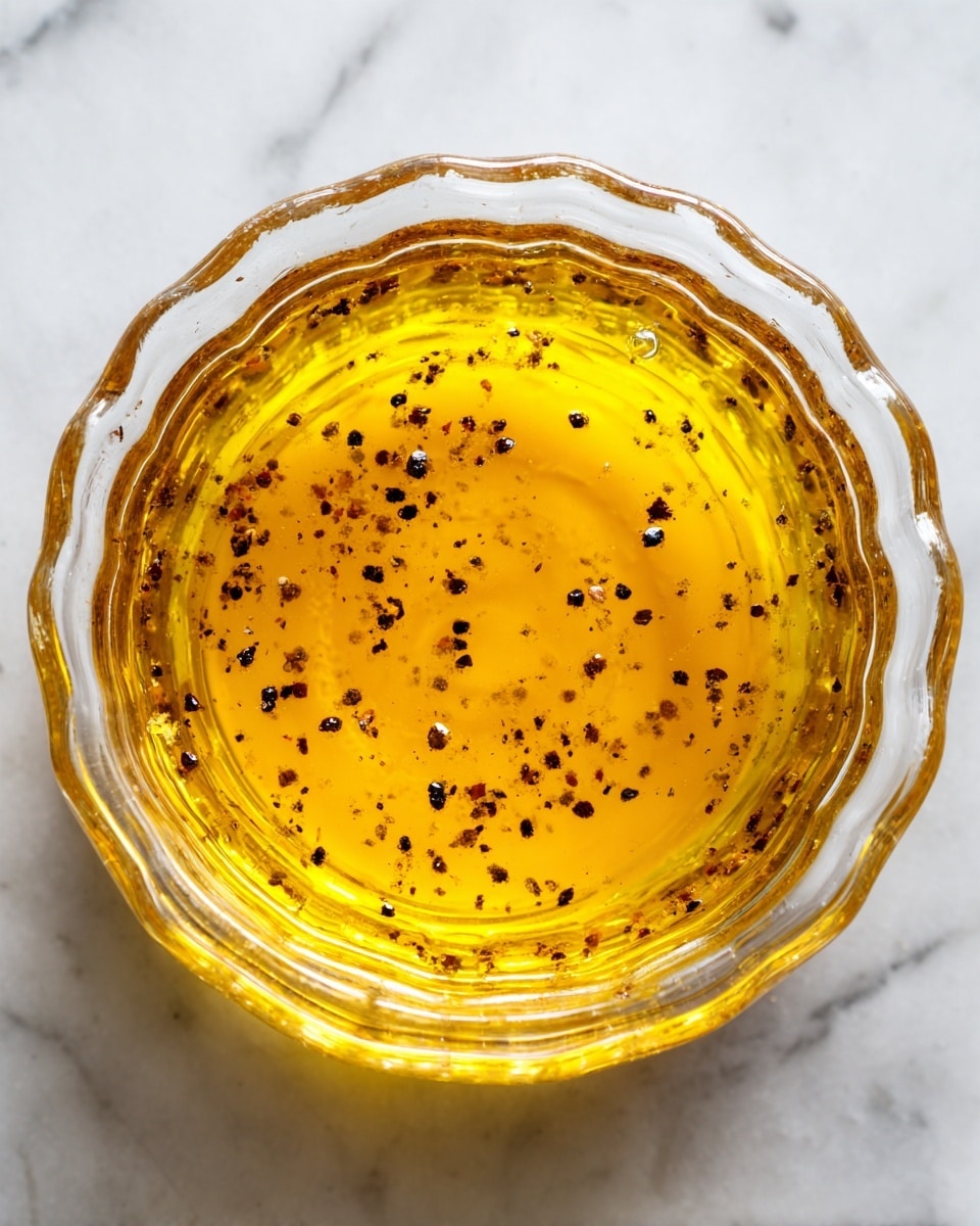 A clear glass bowl filled with a golden yellow liquid that has tiny black pepper specks floating throughout, sitting on a white marbled surface. The liquid looks smooth and slightly thick with dark pepper flakes evenly spread on top and throughout this single layer. The bowl is round with ridged edges, viewed from directly above for a clear top-down view. photo taken with an iphone --ar 4:5 --v 7