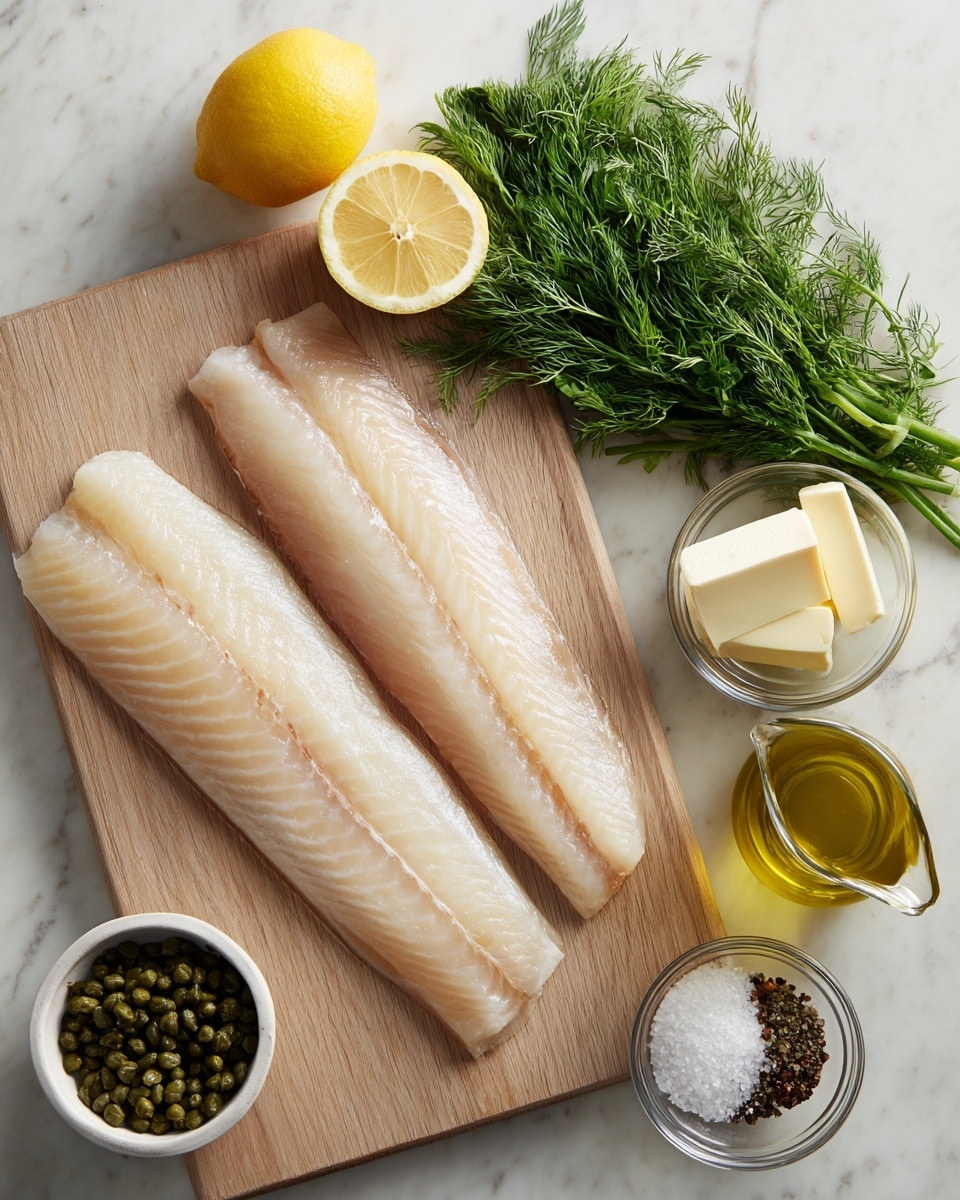 Two long, smooth, pale fish fillets lie side by side on a light wood cutting board that has a fine grain texture. To the right of the board on a white marbled texture surface are six small glass containers arranged loosely: a half lemon with bright yellow, slightly glossy flesh at the top, a bowl of fresh green dill with fine needle-like leaves below it, a bowl with white salt and black ground pepper next to the dill, a pale yellow square of butter in another bowl below the salt and pepper, a small pitcher of clear golden olive oil with a handle beside the butter, and a bowl of small green capers with a wrinkled texture at the bottom left corner. photo taken with an iphone --ar 4:5 --v 7