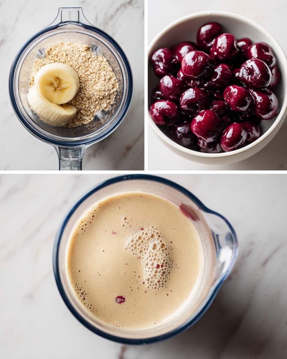 The first image shows a clear blender jar with layers of ingredients inside: light brown oats at the bottom left, a pale yellow half banana placed diagonally on top, light beige powder to the upper left, and creamy white liquid filling the base, all set on a white marbled surface. The second image is a close-up from above inside the blender showing a uniform light brown, frothy mixture with small bubbles on the surface. The third image displays a white bowl filled with a creamy pale beige porridge topped with shiny, dark purple berries, some of which have released deep red juice blending into the porridge, creating a colorful contrast. Photo taken with an iphone --ar 4:5 --v 7