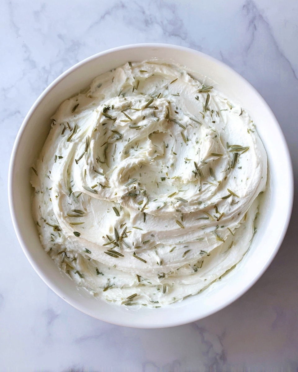 A white bowl filled with a single layer of creamy white spread mixed with small green herb pieces evenly spread inside. The surface underneath is a white marbled texture. photo taken with an iphone --ar 4:5 --v 7