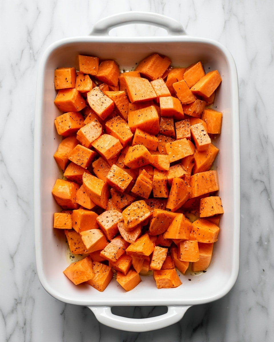 The image shows a white rectangular baking dish filled with evenly spread cubed orange sweet potatoes. The cubes are lightly coated with oil and sprinkled with black pepper, giving a slight shine and speckled appearance. The baking dish has two handles on each side and sits on a white marbled surface. The sweet potato pieces are arranged in one layer covering the dish bottom, with some spaces visible between cubes. photo taken with an iphone --ar 4:5 --v 7