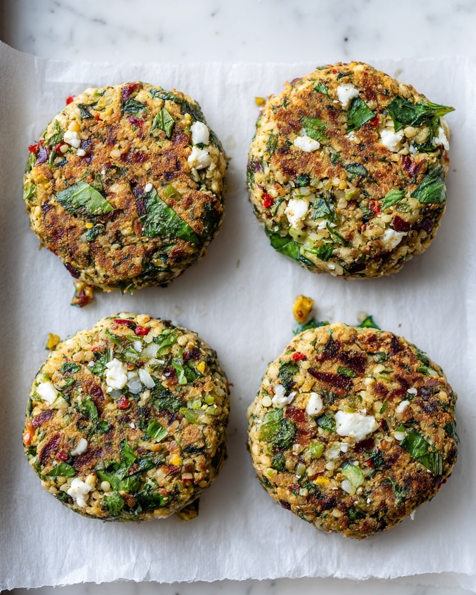 Four round patties are placed on a white parchment paper lined baking tray, each patty mixed with pieces of green herbs, white cheese bits, and some red and yellow small chunks giving a colorful, fresh texture. The patties are roughly the same size and thickness, showing a mix of soft and coarse textures, with visible bits of leafy greens and small grain-like elements throughout. The background is a white marbled surface. photo taken with an iphone --ar 4:5 --v 7