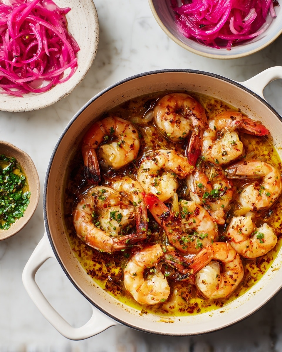 The image shows a white pot with cooked shrimp inside, arranged loosely in one layer. The shrimp are pink with lightly browned edges and are sitting in a golden-orange oily sauce with dark brown spots from cooking. Around the pot on a white marbled surface are small white bowls containing bright pink pickled onions, chopped green herbs, and a green sauce, visible partially. The photo is taken from above, showing the shrimp and the pot handles on each side. photo taken with an iphone --ar 4:5 --v 7