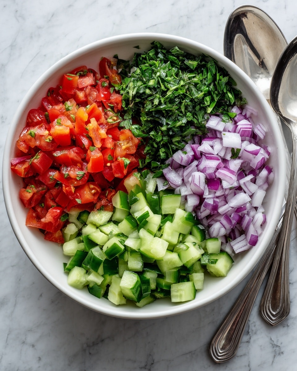 A white bowl filled with four sections of fresh chopped vegetables and herbs on a white marbled surface. One section has bright red chopped tomatoes with a juicy texture, next to it are dark green chopped herbs that look finely cut. Another section has light purple diced onions that are small and even, and the last section shows medium green chopped cucumber pieces with a fresh and crisp look. Two shiny silver spoons lie next to the bowl on the right side. Photo taken with an iphone --ar 4:5 --v 7