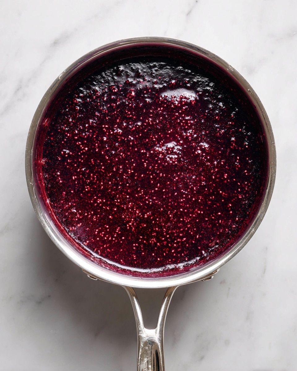 A metal saucepan is shown from above on a white marbled surface, filled with a thick layer of dark red and deep purple fruit sauce that has a bubbling texture. The sauce has tiny seeds and a shiny, wet look, covering the bottom of the pan evenly. The pan's handle and a short strong-looking metal loop handle with