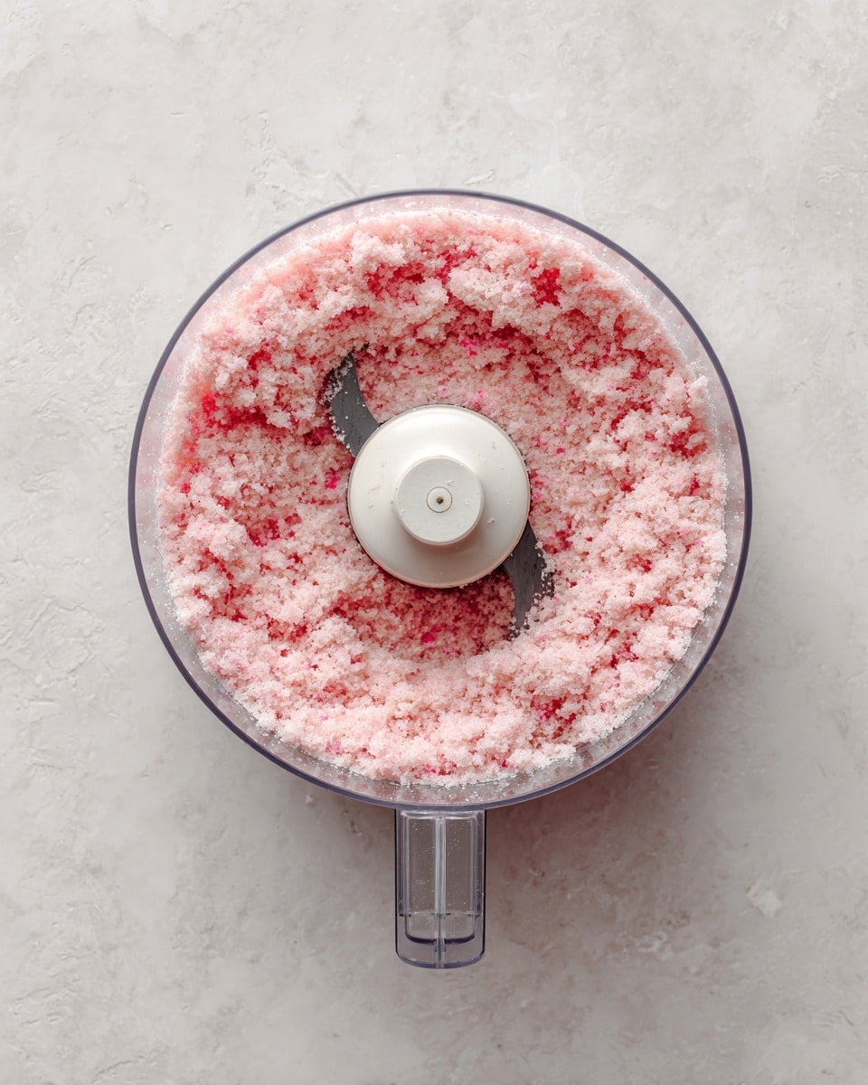 The image shows a food processor bowl from the top view sitting on a white marbled surface. Inside the transparent bowl, there is a single layer of finely ground powder that is light pink with some small chunks mixed in. The center of the bowl has a white blade attachment that stands out against the pink texture. The bowl itself is made of clear plastic with a handle pointing downward in the frame. Photo taken with an iphone --ar 4:5 --v 7