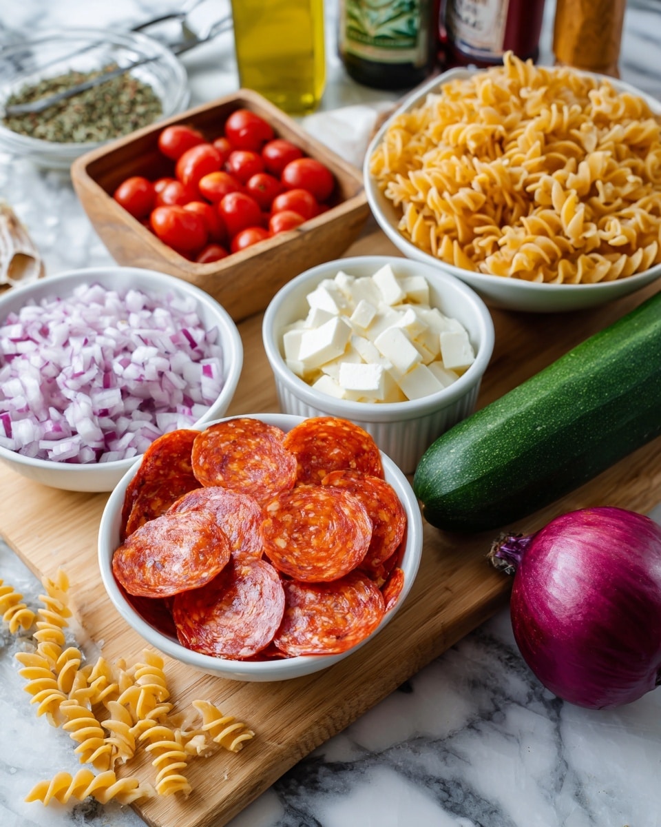 The image shows a wooden board placed on a white marbled surface with several ingredients arranged on it. In the front, there is a white bowl filled with thin, folded slices of bright red pepperoni displaying a smooth, slightly glossy texture. To the left is another white bowl containing finely diced red onions with a mix of white and purple pieces. Behind the onions, there is a small wooden bowl filled with small white cubes of cheese, appearing firm and smooth. Next to the cheese is a small square wooden container overflowing with small, shiny red grape tomatoes. Moving to the back, a long green cucumber rests horizontally across the board, smooth and vibrant. Behind the cucumber sits a large white bowl filled with golden-yellow twisted pasta. Near that bowl is a small white ramekin holding a pale yellow creamy sauce. To the right of the pasta and sauce, a whole red onion with smooth skin leans against the edge of the board. Scattered around the board are uncooked pieces of the same golden-yellow twisted pasta and a metal measuring spoon filled with dried herbs. The background holds some colorful, blurred bottles adding bright colors and a fresh kitchen feel. The photo was taken with an iphone --ar 4:5 --v 7