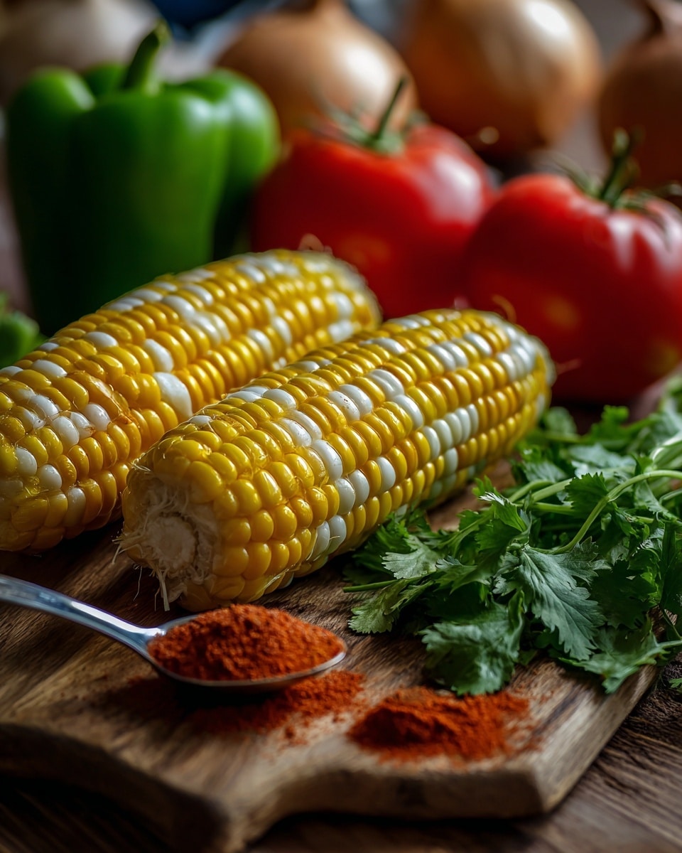 The image shows three ears of yellow and white corn lying on a wooden board in the center, surrounded by fresh vegetables. To the left, there is a green bell pepper with a smooth shiny surface. At the back, two round red tomatoes with green stems sit slightly out of focus. Near the front right, a bunch of fresh green cilantro leaves add texture and depth. There is a small metal measuring spoon filled with reddish-brown powdered spice and some spilled around it on the wooden board. In the background, blurred onions and additional corn ears add layers of color and softness. The photo is taken closely with soft natural light highlighting the fresh, vibrant colors of the vegetables. Photo taken with an iphone --ar 4:5 --v 7