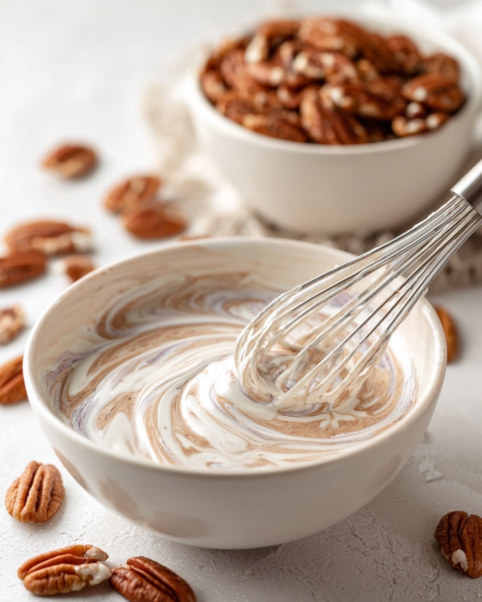 The image shows a white bowl filled with a creamy white mixture swirled with light brown streaks, giving it a marbled look. A metal whisk is partially immersed in the mixture, creating gentle waves and ripples on the surface. Behind this bowl, there is another white bowl out of focus, filled with whole pecans, many of which are scattered around the bowls on a white marbled textured surface. photo taken with an iphone --ar 4:5 --v 7
