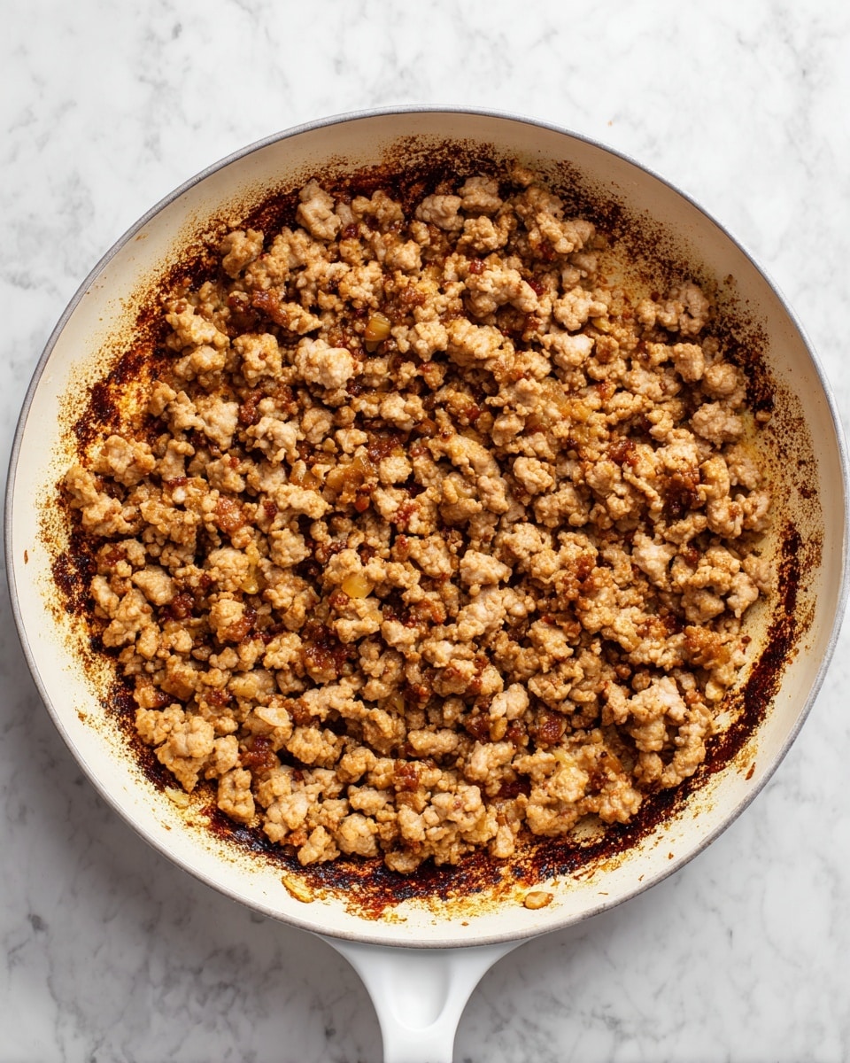 The image shows a white pan filled with browned ground meat. The meat is broken into small, uneven chunks with a mix of golden brown and light beige colors. The edges of the pan have a dark brown, caramelized residue from cooking, giving a crispy texture look. The background is a white marbled surface. photo taken with an iphone --ar 4:5 --v 7