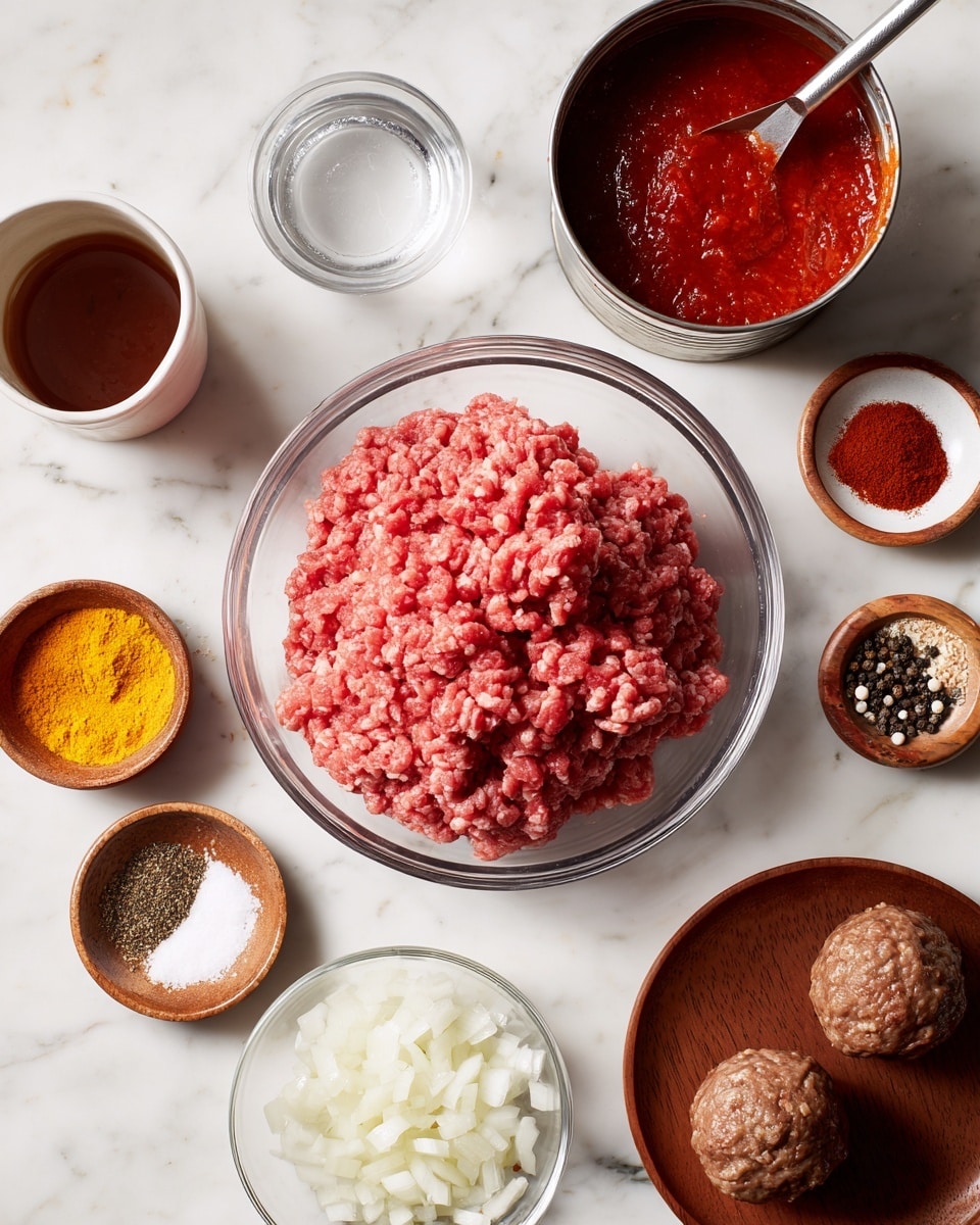 A large clear glass bowl filled with a rough mound of pink ground meat sits in the center on a white marbled surface. Surrounding it in a loose circle are small wooden bowls with different spices and powders: one with chili powder, one with white powder, one with yellow powder, and two brown meatballs in another. A small wooden plate holds salt and black pepper side by side. Below the meat is a small clear glass bowl of finely chopped white onions. Above the meat, a shiny metal measuring cup holds a thick bright red sauce, next to a can open to show tomato sauce inside. To the left of this is a small white ceramic dish with a dark brown liquid. A clear glass cup of water completes the arrangement. Photo taken with an iphone --ar 4:5 --v 7