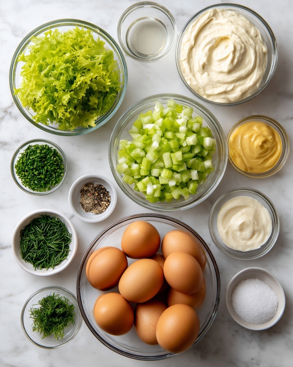 The image shows a top-down view of several clear glass bowls arranged on a white marbled surface. In the center bottom, there is a large bowl filled with ten brown eggs. Above the eggs, there is a medium bowl containing chopped green celery. To the right of the celery, a medium bowl holds a creamy white mixture, possibly mayonnaise. Above that bowl, a smaller bowl contains a clear liquid. To the right, another small bowl has yellow mustard. Below the mustard, two small bowls hold white salt and black pepper. To the left of the eggs, two small bowls contain chopped green herbs, possibly chives and dill. The arrangement is neat and evenly spaced. photo taken with an iphone --ar 4:5 --v 7