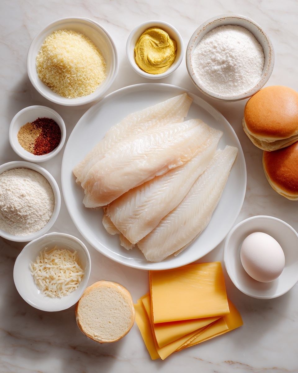 The image shows a white plate in the center holding three pieces of white fish fillets, which have a smooth, slightly shiny texture. Around the plate are small white bowls and dishes holding various ingredients: one bowl has light yellow breadcrumbs, one has bright yellow mustard, another contains off-white flour, and one more contains white powder, likely cornstarch. There is a small white dish with a reddish-brown spice, another with a white granular substance, and one more with creamy off-white mayonnaise. A white egg is placed near the bottom right side, with four yellow cheese slices stacked beside it. Two soft brown sandwich buns are placed near the top right corner. The surface under everything is a white marbled texture. photo taken with an iphone --ar 4:5 --v 7