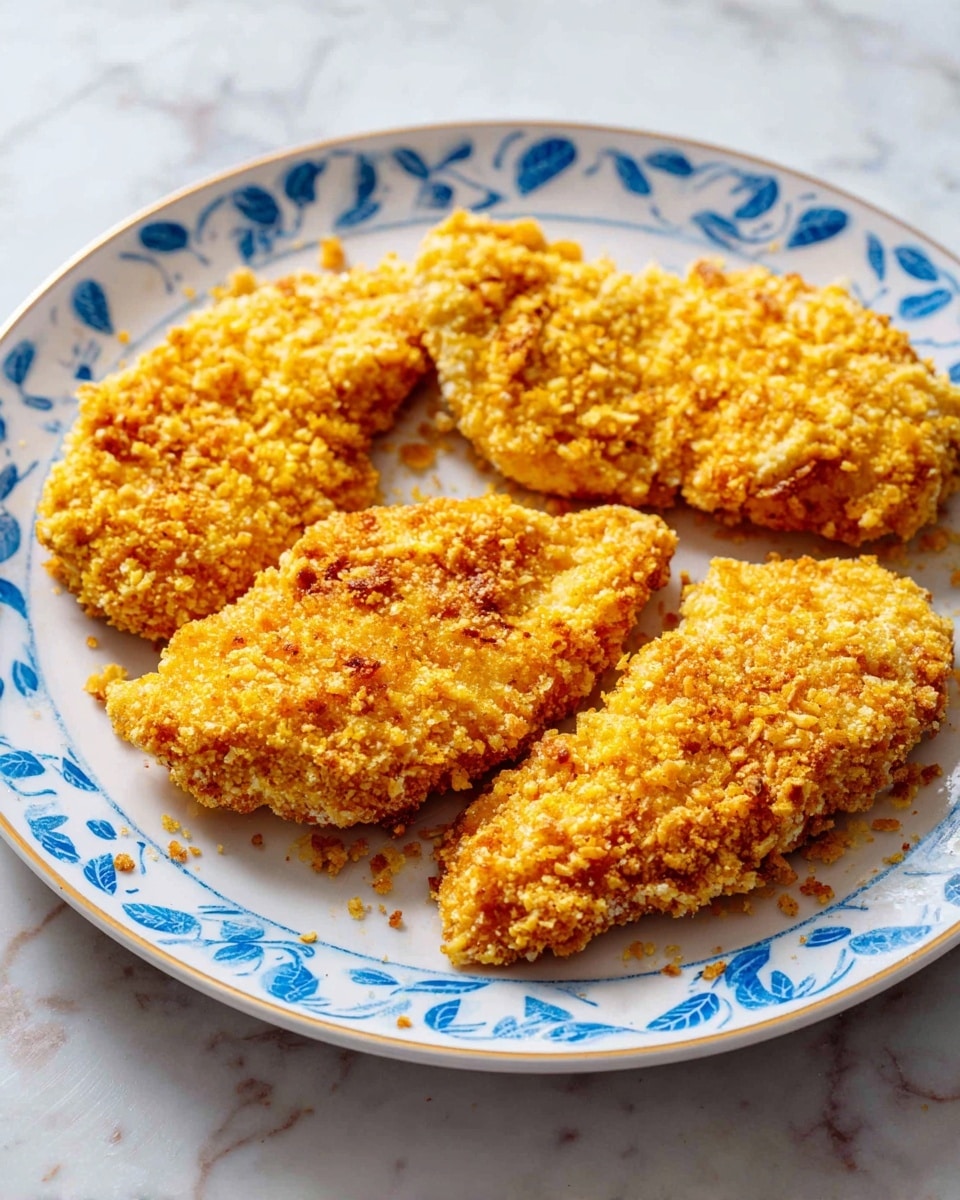 Four pieces of breaded chicken are placed on a white paper plate with blue leaf patterns around the edges. The chicken pieces are covered in a light yellow crunchy coating, giving a rough texture. The plate rests on a white marbled surface, and some small crumbs are scattered around the chicken. The lighting is bright and natural, highlighting the texture and color of the chicken. photo taken with an iphone --ar 4:5 --v 7