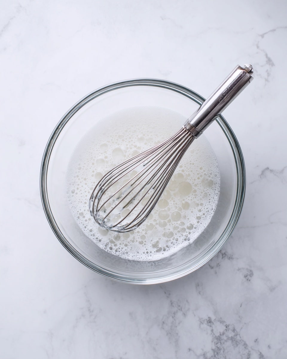 A clear glass bowl sits on a white marbled surface, holding a thin, white liquid mixture with small bubbles on the surface. Inside the bowl, a metal whisk with a shiny handle rests, partially submerged in the liquid. The image is bright and clean, focusing on the simplicity of the bowl and its contents. photo taken with an iphone --ar 4:5 --v 7