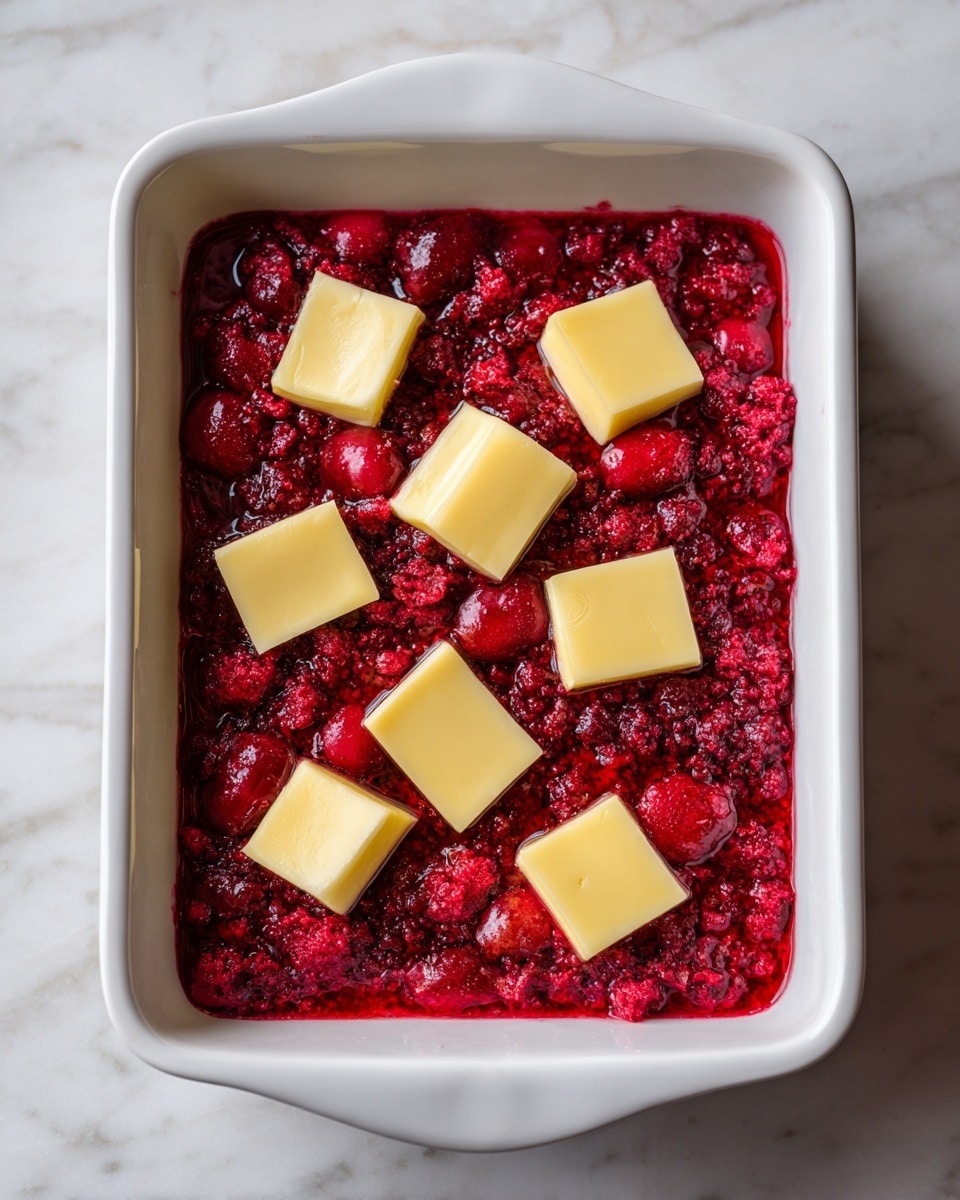 A white rectangular baking dish filled with a single thick layer of crushed red berries, with six small yellow butter pieces spread evenly on top. The dish is placed on a white marbled surface. photo taken with an iphone --ar 4:5 --v 7