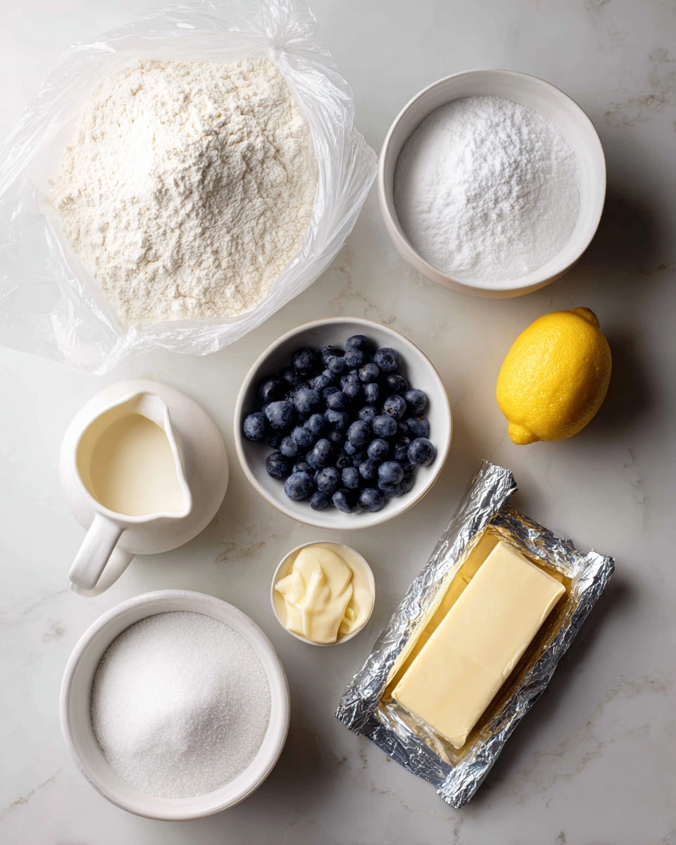 The image shows baking ingredients neatly arranged on a white marbled surface. At the center left is a large clear plastic bag filled with white flour. To its right are two white bowls, one filled with powdered sugar and the other with frozen blueberries. Near the bottom center is a whole yellow lemon next to a small white pitcher containing cream. A stick of butter with pale yellow color lies horizontally near the center right. At the bottom right is an opened package of cream cheese with part of it exposed next to two foil-wrapped blocks. At the bottom left is a white bowl filled with granulated white sugar. All the ingredients are separated and clearly visible, creating a clean and organized setup. Photo taken with an iphone --ar 4:5 --v 7