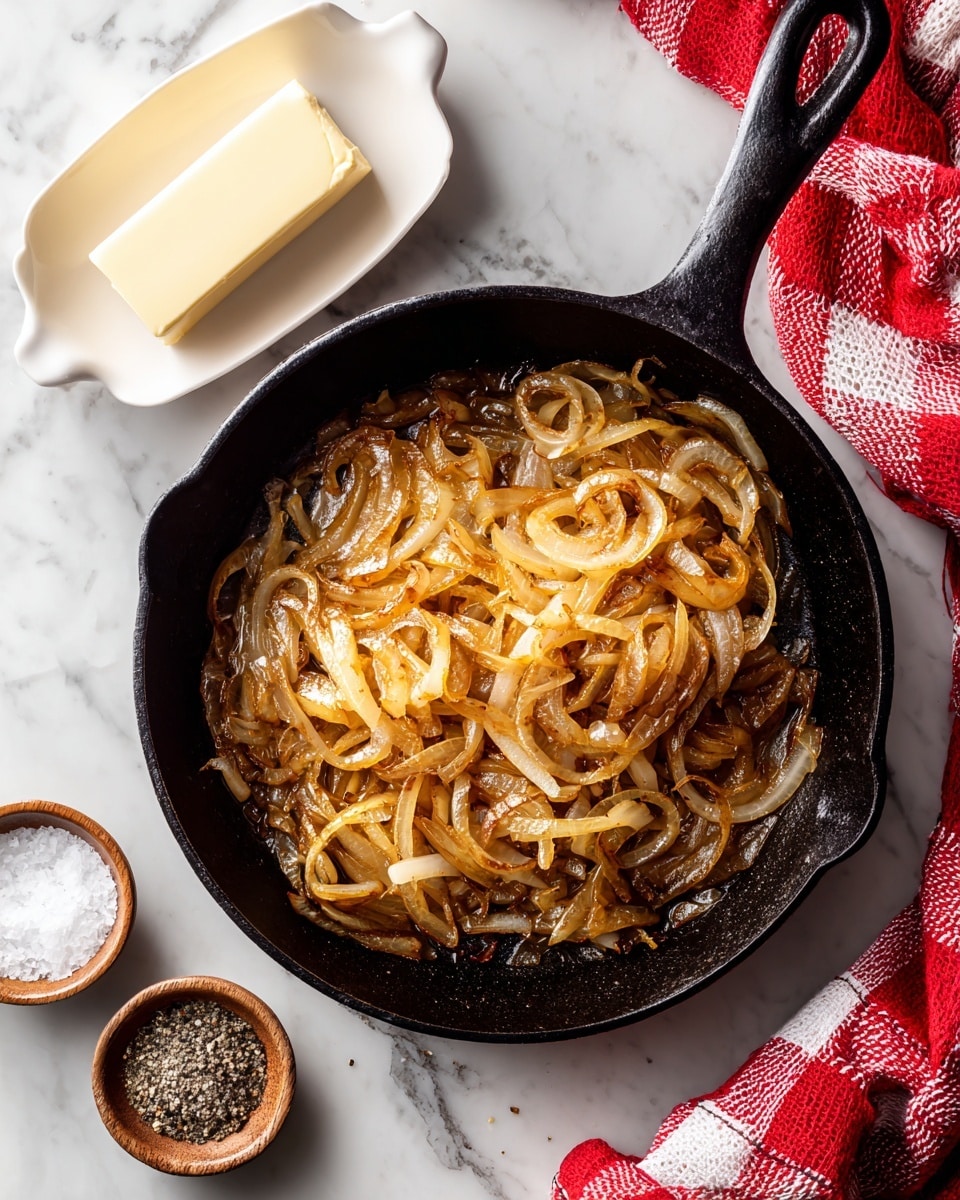 In the black cast iron pan, thin slices of caramelized onions form a warm golden-brown layer with a slightly shiny texture, spread mostly in the center and edges. The pan rests on a white marbled surface with a small white dish holding a square of butter placed above the pan, and two small white bowls below contain coarse salt and black pepper. To the right, a red and white checkered cloth adds a splash of color. The overall scene is a mix of rustic cooking elements and simple seasoning basics photo taken with an iphone --ar 4:5 --v 7