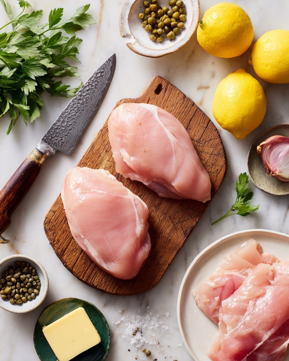 The image shows two raw pieces of light pink chicken on a small wooden cutting board placed on a white marbled surface. To the left of the chicken, there is a large knife with a hammered metal blade and a dark wooden handle resting on the board. Around the cutting board, there are bright yellow lemons, fresh green parsley, a small bowl of salt and pepper, capers, a dark green butter plate with a pale yellow block of butter, and a shallot. A white plate with more pieces of raw chicken is visible in the bottom right corner. Photo taken with an iphone --ar 4:5 --v 7