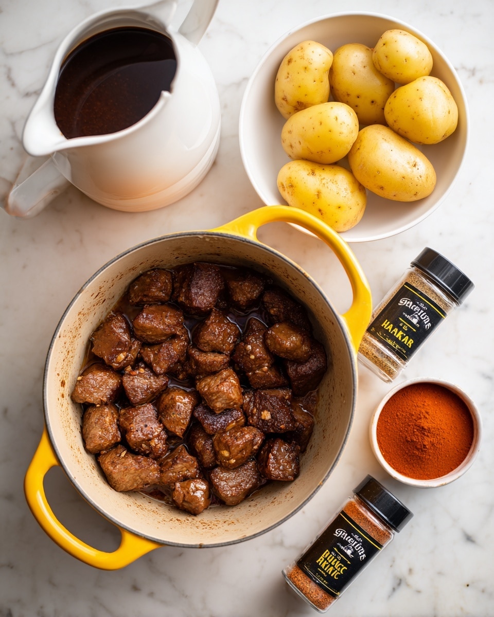 A large yellow pot with two handles filled with dark brown broth that has a slightly oily texture and small bits of food floating in it. Three pale green bay leaves rest on the surface of the broth near the left side of the pot. The pot is placed on a white marbled surface with some light brown spots. Three yellow potatoes sit near the top right corner of the image. Photo taken with an iphone --ar 4:5 --v 7