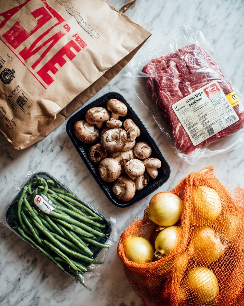 The image shows a collection of fresh groceries arranged on a white marbled surface. In the top left corner, there is a brown paper bag with bold red letters spelling