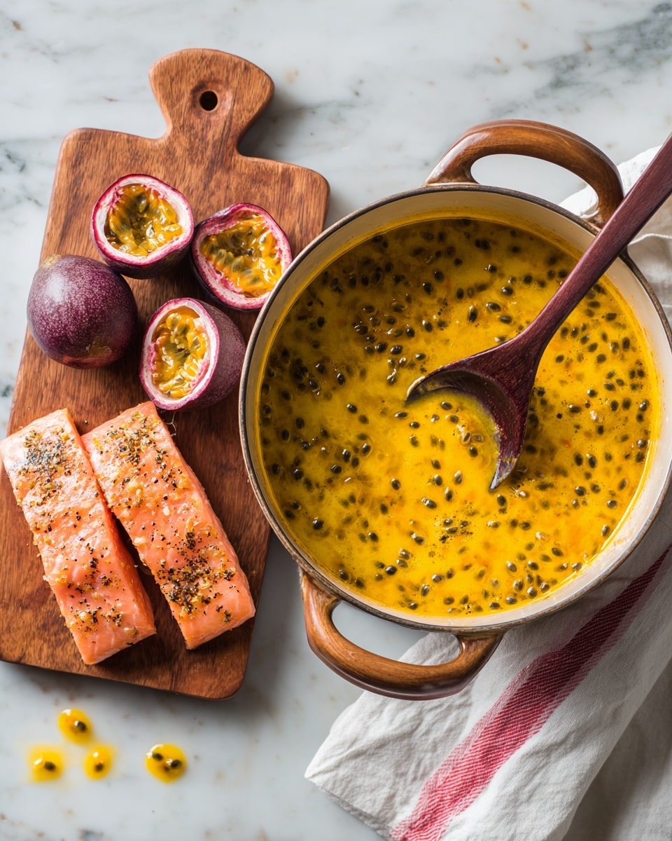 A pot filled with bright yellow-orange sauce dotted with many small dark seeds, with a dark wooden spoon resting inside, partly covered by the sauce. To the left, a wooden cutting board holds two pieces of cooked pinkish-orange fish with black pepper seasoning. Nearby, three halved and whole passion fruits show their purple-brown outer skin and juicy yellow pulp with seeds. A white kitchen towel with a red stripe lies to the right, and the whole scene is set on a white marbled surface with a few drops of yellow passion fruit juice scattered around. photo taken with an iphone --ar 4:5 --v 7