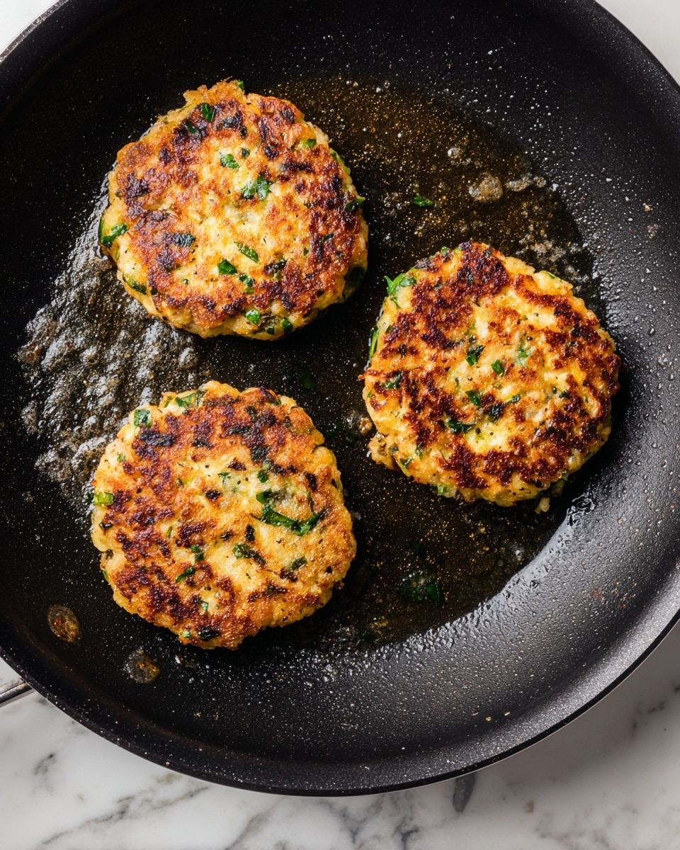 Three golden brown patties with small green herb pieces are cooking in a black skillet. The patties have a slightly rough texture with uneven edges and crisp cooked surfaces showing some darker spots. The skillet has a shiny, lightly oily surface, and the image is shot from above, showing the patties spaced apart in the pan. The background is a white marbled texture. photo taken with an iphone --ar 4:5 --v 7