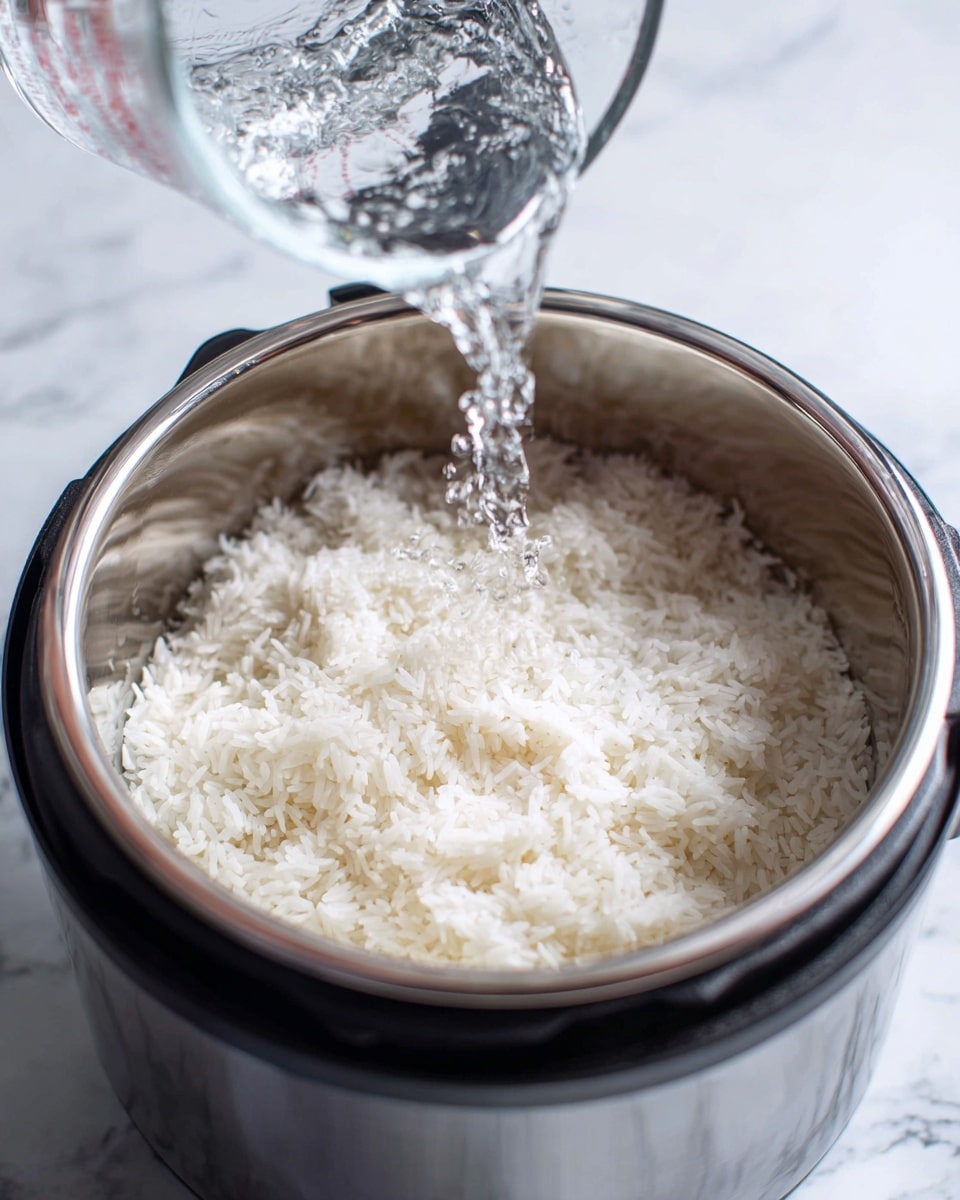 A close-up view of white rice inside a silver pot of a rice cooker. A clear glass measuring cup is pouring water over the rice, the liquid creating a small splash as it hits the rice surface. The pot has a shiny metal inside and is set on a white marbled surface with slight reflections. The image shows the action of adding water to rice before cooking. photo taken with an iphone --ar 4:5 --v 7