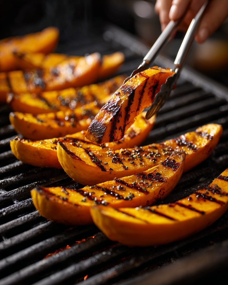 The image shows long, golden orange slices of grilled pumpkin with dark grill marks, lying on black grill grates. A silver tong held by a woman’s hand is lifting one of the pumpkin slices. The background is out of focus, emphasizing the grilled pumpkin's shiny, slightly oily surface and charred texture. photo taken with an iphone --ar 4:5 --v 7