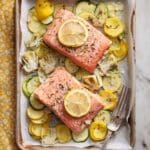 Greek Salmon with Roasted Vegetables, Feta, and Lemon Recipe