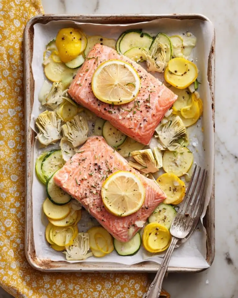 Greek Salmon with Roasted Vegetables, Feta, and Lemon Recipe