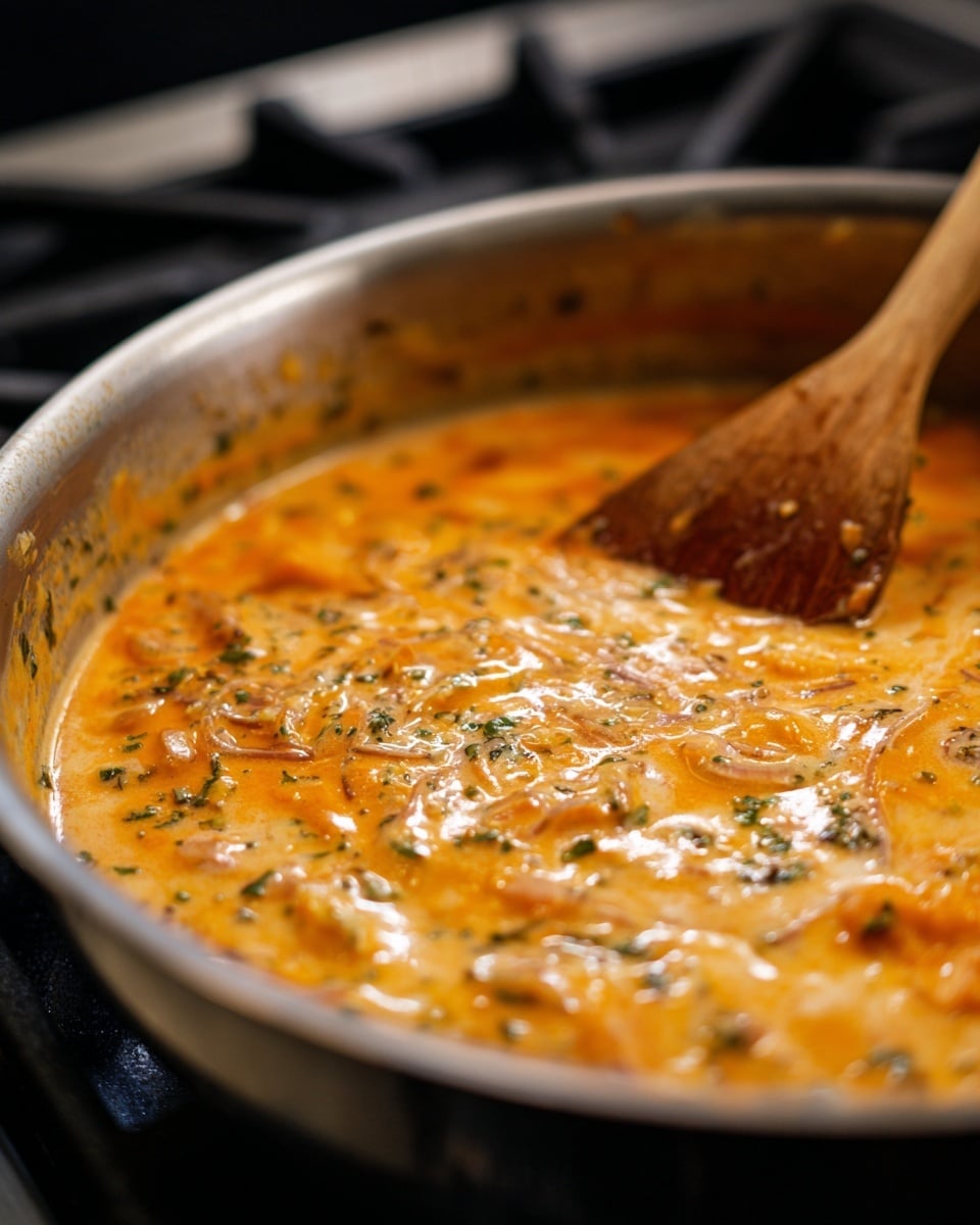 A close-up of a silver pan with a thick orange sauce cooking inside. The sauce has soft, light orange pieces of onion mixed in and specks of herbs spread throughout. A wooden spoon is stirring the sauce near the edge of the pan. The pan is on a dark stove, but the background is mostly out of focus. The sauce looks creamy and rich with a shiny surface from the oil. Photo taken with an iphone --ar 4:5 --v 7