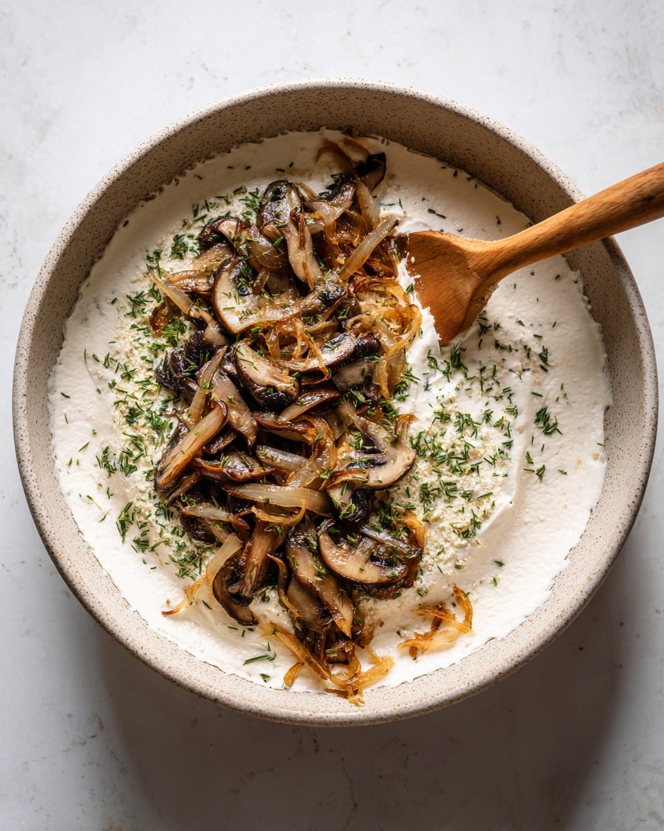 A white flat layer of creamy mixture with small bits of green herbs spread evenly on a white marbled surface forms the base. On top of it, there is a pile of cooked mushroom slices and light brown caramelized onion strands being added by a wooden spoon, hovering just above the center right side of the creamy spread. The mushrooms are a mix of dark brown and beige colors, shiny and soft, with the onions slightly translucent and thin. The scene has a gentle natural light and soft shadows. photo taken with an iphone --ar 4:5 --v 7