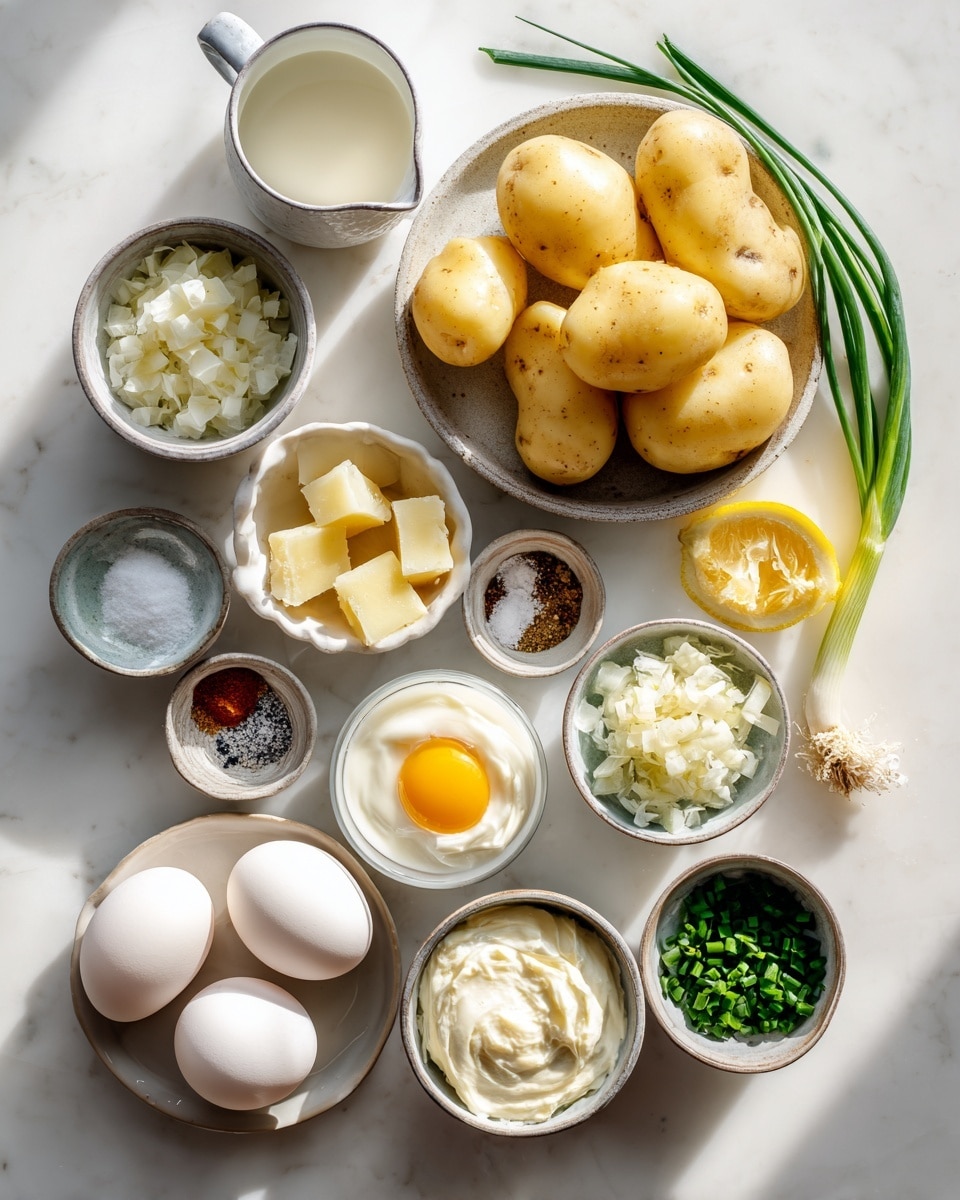 A shiny silver pot with black handles is filled with one layer of small, pale yellow potato cubes spread out at the bottom. On top of the potatoes, there are four whole white eggs placed evenly around the center. The pot is set on a white marbled wooden surface. photo taken with an iphone --ar 4:5 --v 7