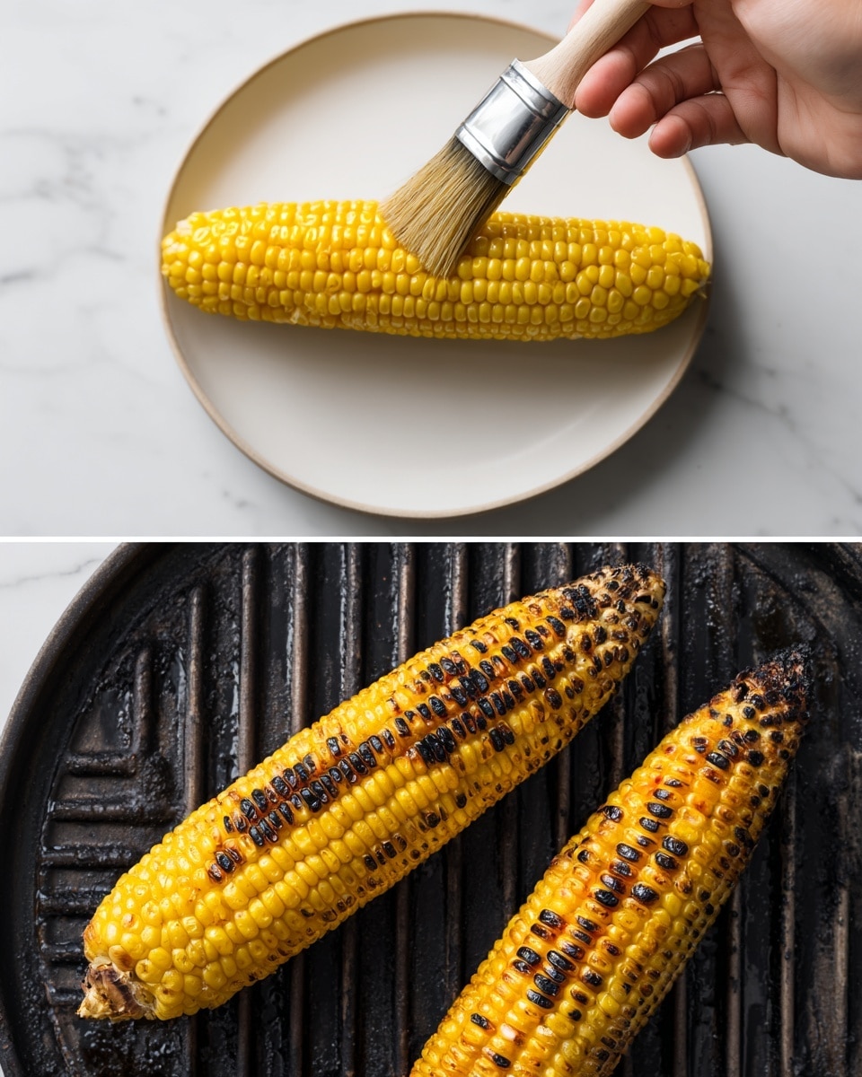 Four grilled yellow corn cobs with charred black spots lie side by side on a white plate, each topped with a square of melting pale yellow butter sprinkled with black pepper. Above the plate, a small gray bowl holds a mix of coarse salt and ground black pepper. The scene rests on a white marbled surface with a crumpled white cloth partially visible at the bottom right. photo taken with an iphone --ar 4:5 --v 7